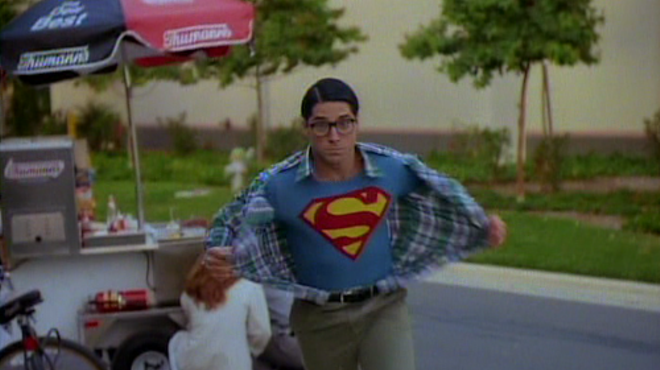 Superboy (Gerard Christopher) rushes into action near one of Orlando's famed hot dog carts.