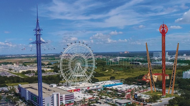An artist rendering of the proposed new attractions at ICON Park. The slingshot and drop tower can be seen on the right side of the rendering