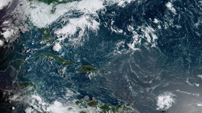 Dorian, seen here in the lower-right corner, is roughly 515 miles east-southeast of Barbados