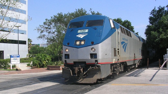 Southbound Amtrak on the Silver Star route, crossing Central Boulevard in downtown Orlando