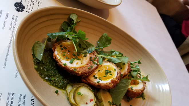 The Rusty Spoon's version of Scotch eggs, with Lake Meadows Naturals egg, chicken sausage, salsa verde and house-made spicy pickles.