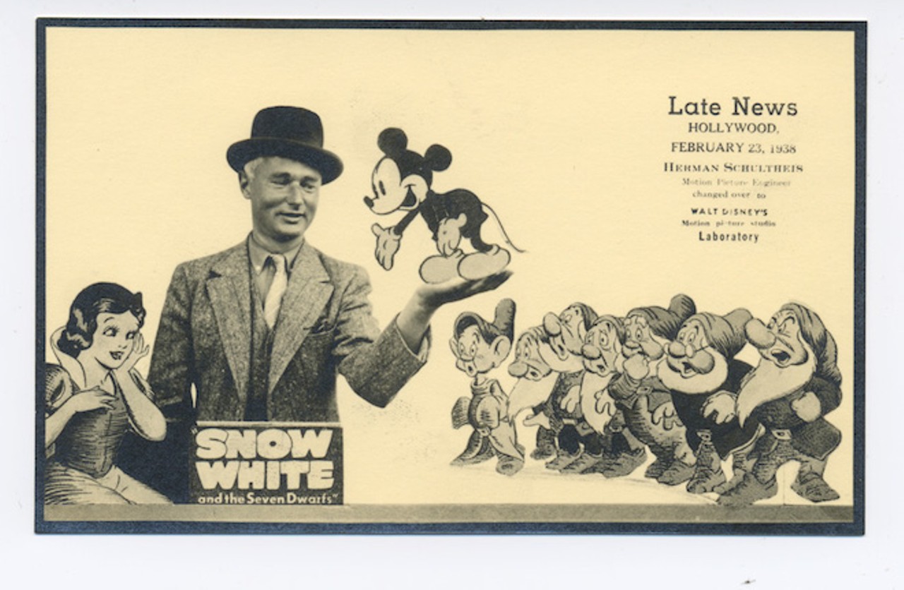 A postcard sent by Herman Schultheis annoucing his hire at the Walt Disney Studio.Image courtesy of Howard & Paula Lowery
