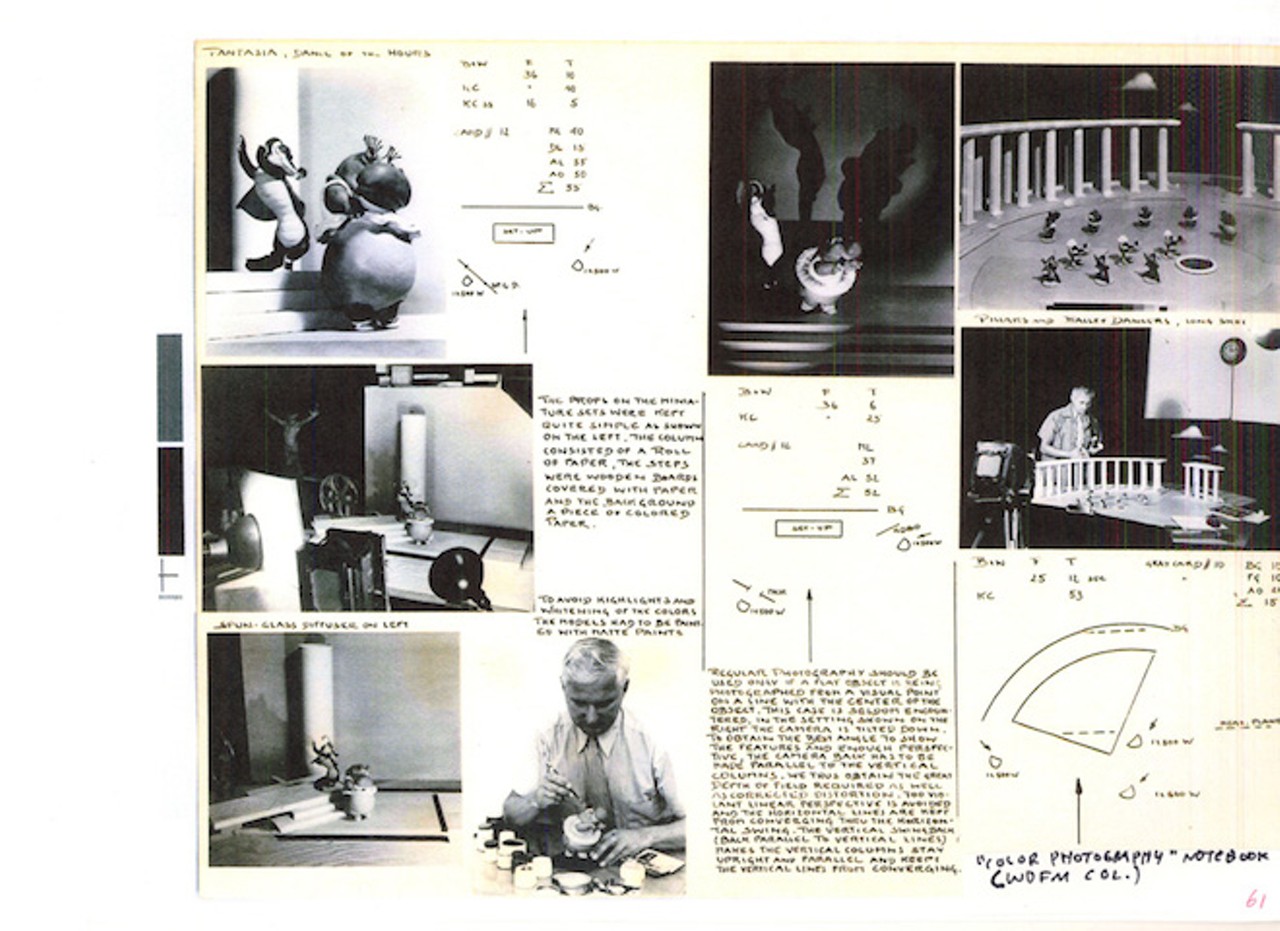 A page from one of Schultheis&#146; notebooks shows him preparing a photo shoot for Disney&#146;s Publicity Department using maquettes of characters on miniature sets from Fantasia&#146;s &#147;Dance of the Hours.&#148; Image courtesy of Walt Disney Archives