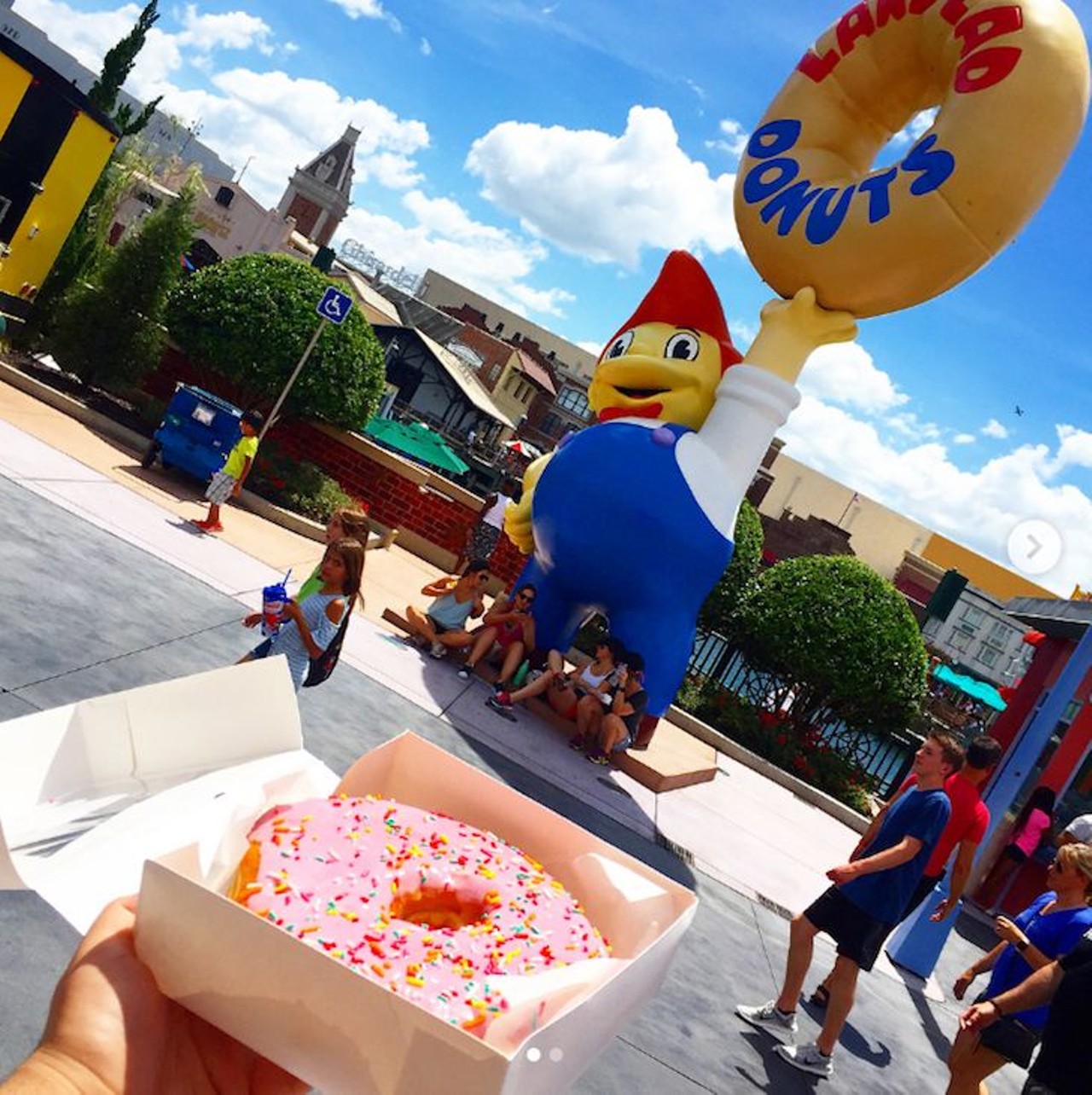 Lard Lad Donuts 
Address: 6000 Universal Blvd.
Located at Springfield, Home of the Simpsons within Universal Studios, Lard Lad Donuts offers the doughnut sandwich, made up of soft serve ice cream and a pink sprinkled doughnut. Add on a topping like Oreo or Reese&#146;s Pieces, and you&#146;ve got the perfect dessert for a hot day at the park.  
Photo via we_are_earthbound/Instagram