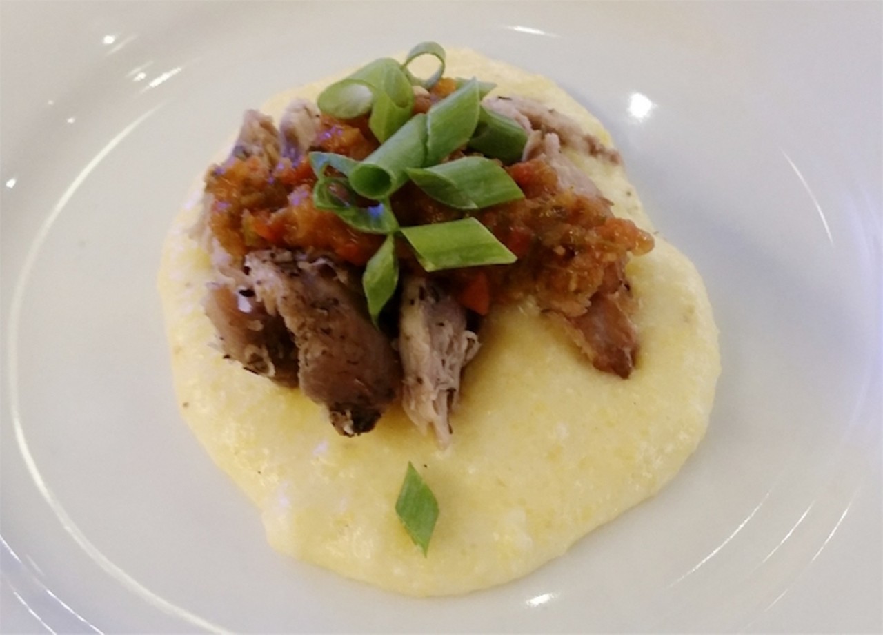 Duck confit with creamy polenta and fire-roasted salsa (Greenhouse Guru hosted by Village Farms)
