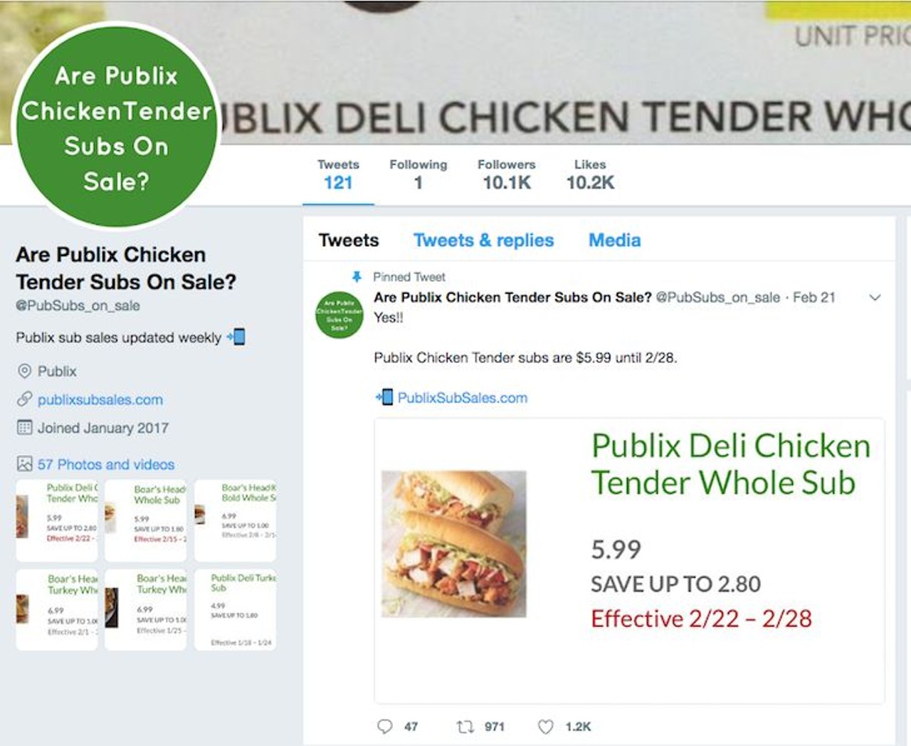  There is a way to always know if chicken tender Pub subs are on sale 
While there&#146;s no official way to see if chicken tender Pub subs are on sale, there is a Twitter account, @twitter.com/PubSubs_on_sale, that has taken on this weighty responsibility. Not all heroes wear capes. 
Photo via PubSubs_on_sale via Twitter