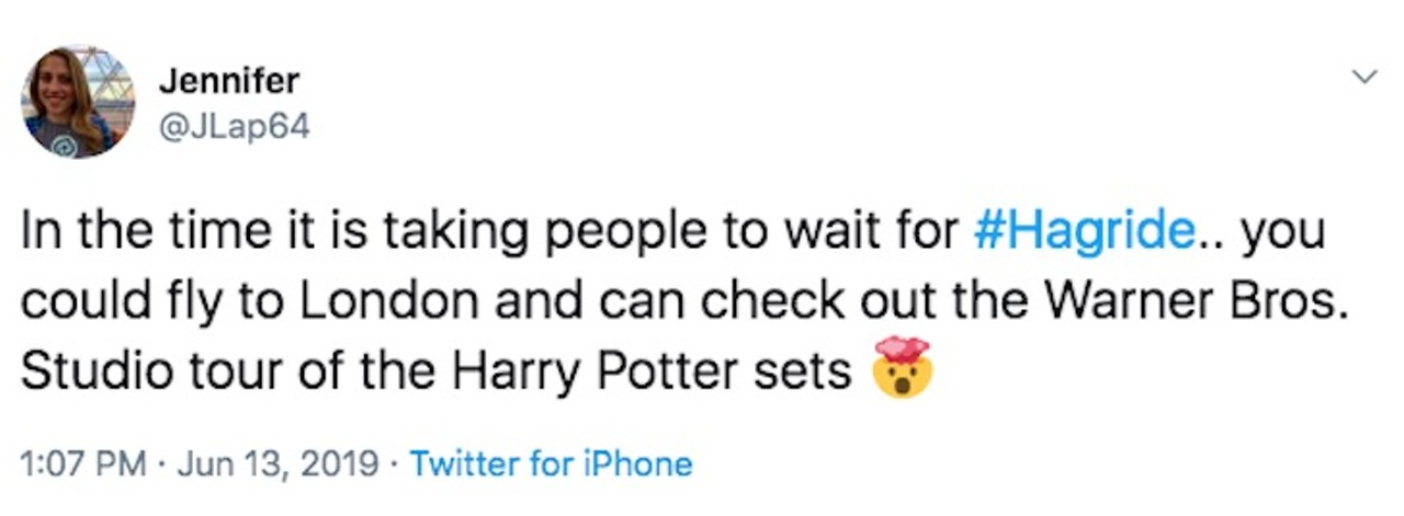 @JLap64
"In the time it is taking people to wait for #Hagride.. you could fly to London and can check out the Warner Bros. Studio tour of the Harry Potter sets"