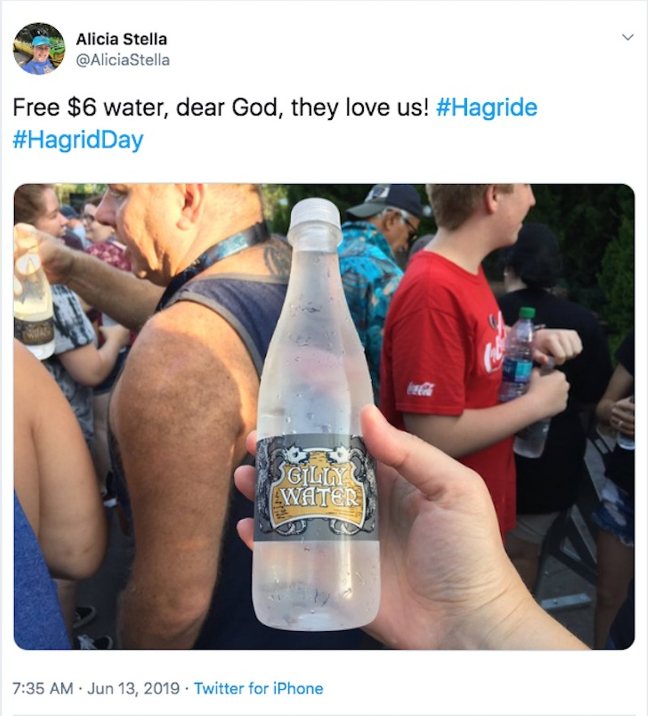 @AliciaStella
"Free $6 water, dear God, they love us! #Hagride #HagridDay"