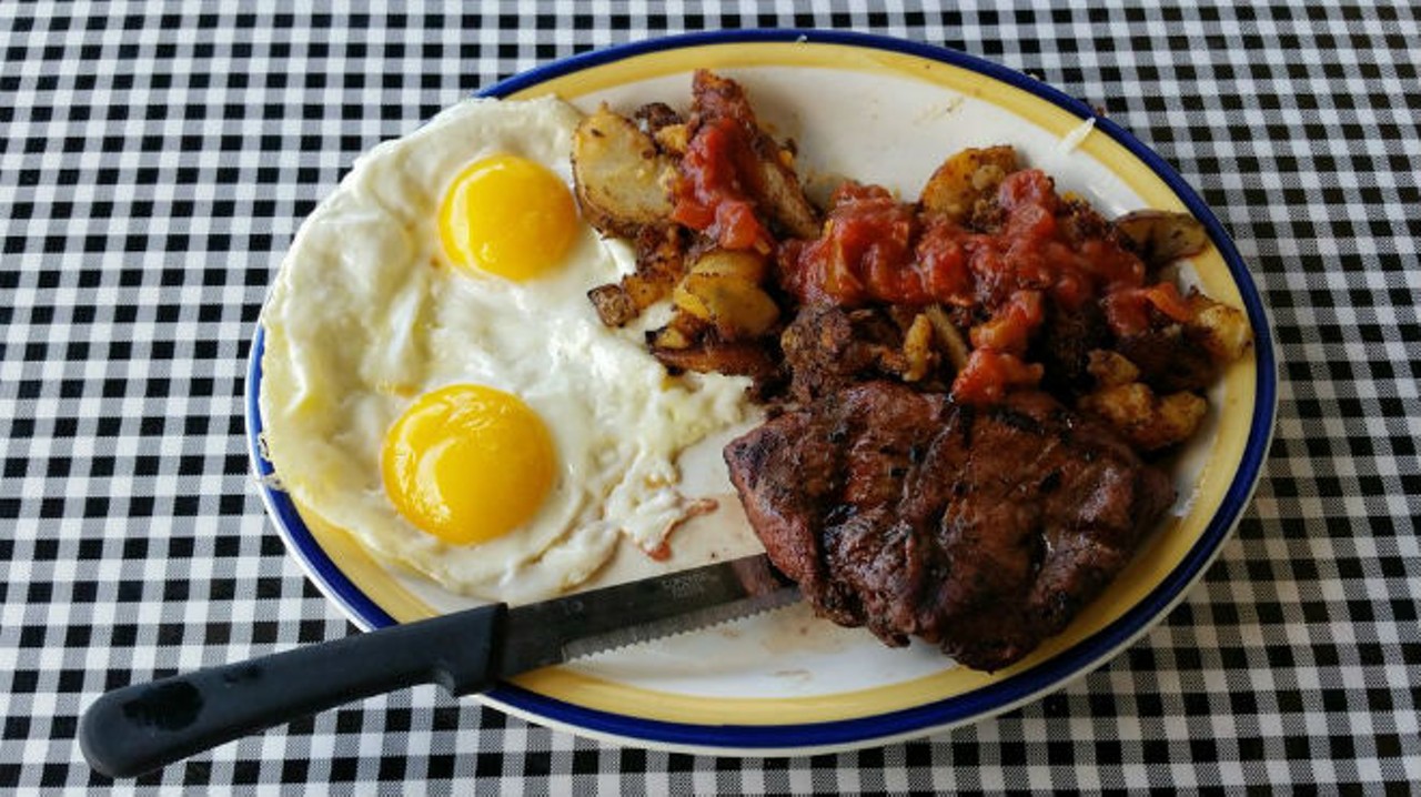 5 and Diner
Breakfast served Sunday - Thursday 7 a.m. - 9 p.m. Friday and Saturday 7 a.m. - 11 p.m.
13001 Founders Square Drive
(407) 757-0978
www.5anddiner.com
Steak and Eggs, $10.99  Photo via Yelp