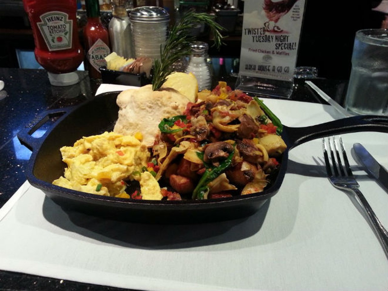 Hash House A Go Go
Breakfast served Sunday to Thursday, 8 a.m. - 10 p.m. and Friday and Saturday 8 a.m. - 11 p.m.
5350 International Drive
(407) 370-4646
www.hashhouseagogo.com
House Hash
Photo via Yelp