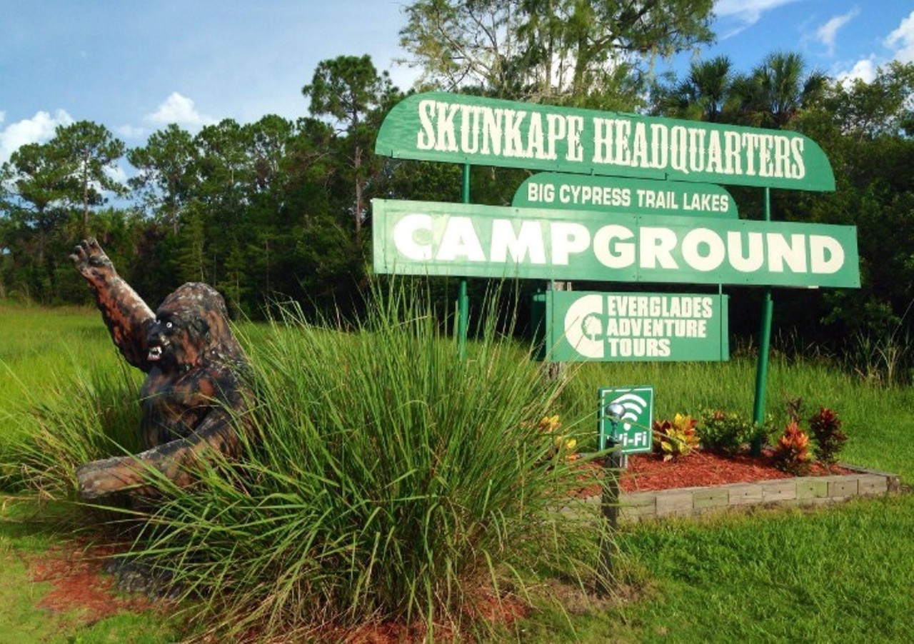 Help these guy search for the legendary Skunk Ape, Florida's version of Bigfoot
(239) 695-2275, 409044 Tamiami Trail East, Ochopee Skunk Ape Research Center 
Sitting on the Trail Lakes Campgrounds, this research center has been hoarding information on Florida&#146;s infamous Skunk Ape for as long as the beast has eluded society. Arming yourself with the information the center so graciously offers is steps ahead of an intelligent idea, as you do not want to find yourself face to face with a blurry buffoon that you cannot make out as human or Skunk Ape, and your final chapter should not involve a smelly monkey man looking to keep witnesses silent.
Photo via Skunk Ape Headquarters/Facebook