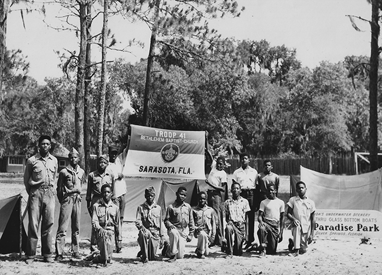 A group of Boy Scouts from Troop 41, Bethlehem Baptist Church in Sarasota, pose for a picture while visiting Paradise Park. Photo by Bruce Mozert. By permission of Bruce Mozert. Courtesy of Marion County Black Archives. Reprinted with permission of the University Press of Florida.