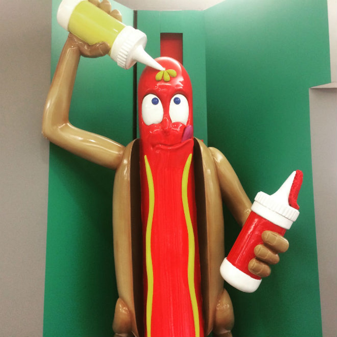This hot dog at Fashion Square mall is prepping itself to be eaten. Dark.