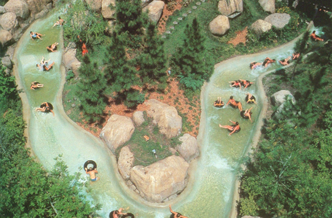 One of the water slides was a whitewater rapids type thing, and guests road innertubes to the bottom, where they were dumped off in a giant pool.  Via lostepcot.com>