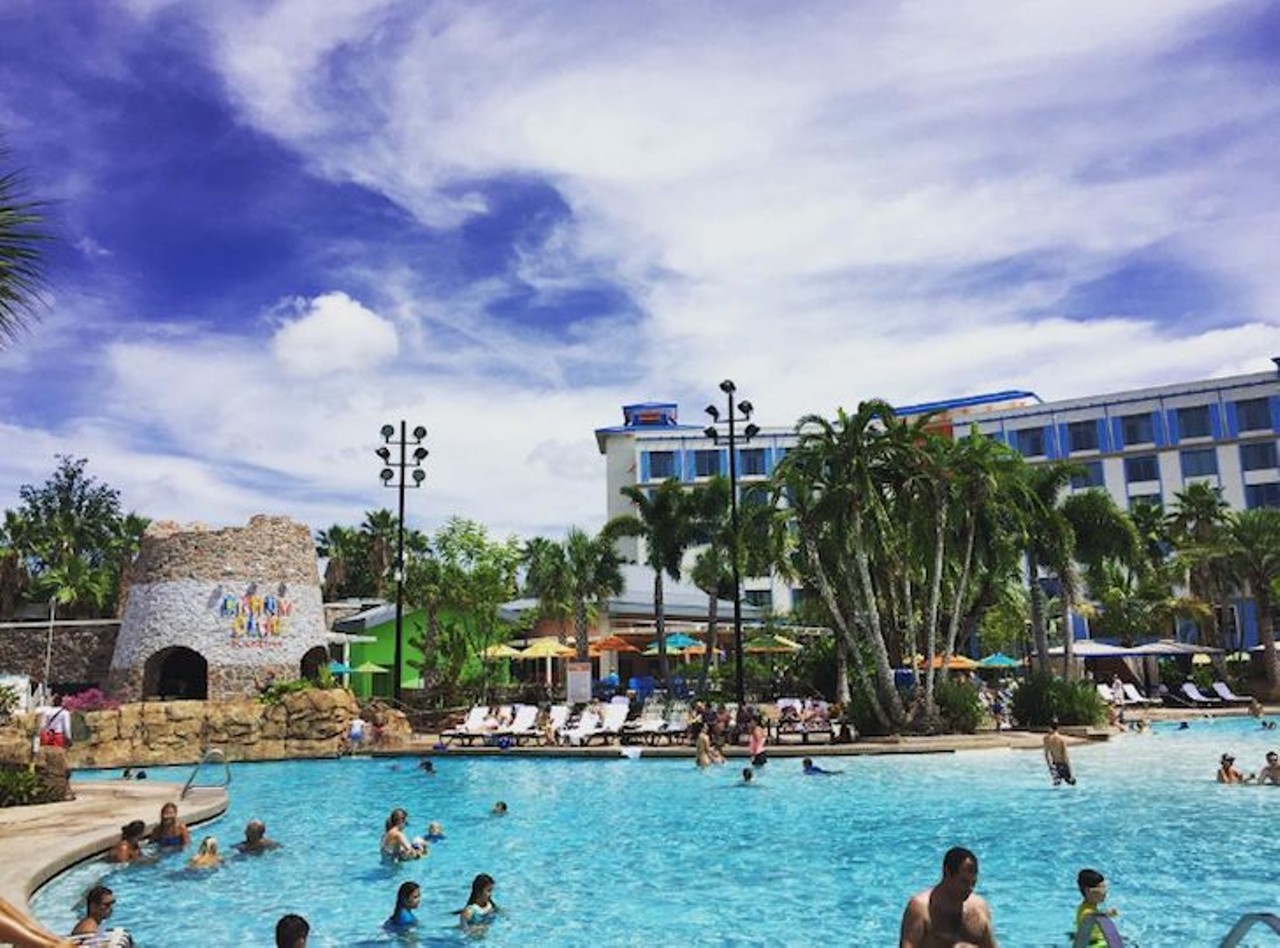 Loews Sapphire Falls Resort at Universal Orlando 
6601 Adventure Way | 407-503-5000 | 8 a.m. - 11 p.m.
The new Sapphire Falls Resort boasts the largest pool out of all the on-site resorts at Universal Orlando. The waterslide and kid&#146;s splash zone offer fun for guests of all ages. If you&#146;re looking for a more chill experience, you can dig your toes into one of the two sandy beach areas or even check out the huge hot tub. Private cabanas are also available for rent. The pools are only open to resort guests, so you can only bring friends and family if they&#146;re staying at the hotel, too.
Photo via epcooksey/Instagram