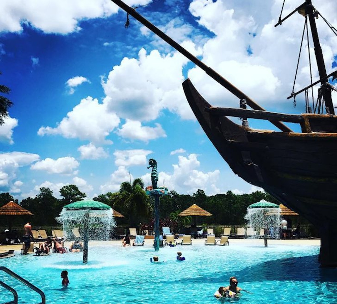 Lake Buena Vista Resort Village & Spa 
8113 Resort Village Drive | 407-597-0214 | 8 a.m. - 10 p.m.
Swimming beside a pirate ship may be a dream of yours. If so, you&#146;ll be happy to hear that Lake Buena Vista features a Pirate&#146;s Plunge Pool, along with its Relaxation Pool. The Pirate Shipwreck that sits in the pool has shooting water cannons, a water slide, hot tubs, tumbling waterfalls, poolside loungers and hammocks. You can also grab a drink at Lani&#146;s Luau, the poolside tiki bar. Guests at the hotel can bring friends and family to use the pool as well.
Photo via lbvorlandoresort/Instagram