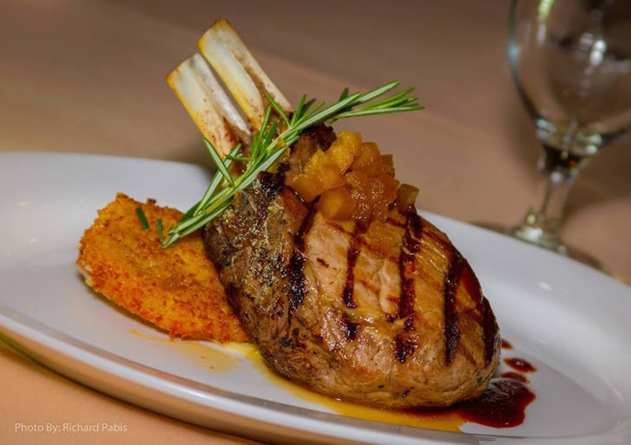  Berkshire Pork Chop at Everglades
The heritage breed chop (pricier than your run-of-the-mill pork) is brined and served with fried green tomatoes and whiskey-glazed apples.
9840 International Drive, 407-996-2385
Photo via Rosen Dining/Facebook