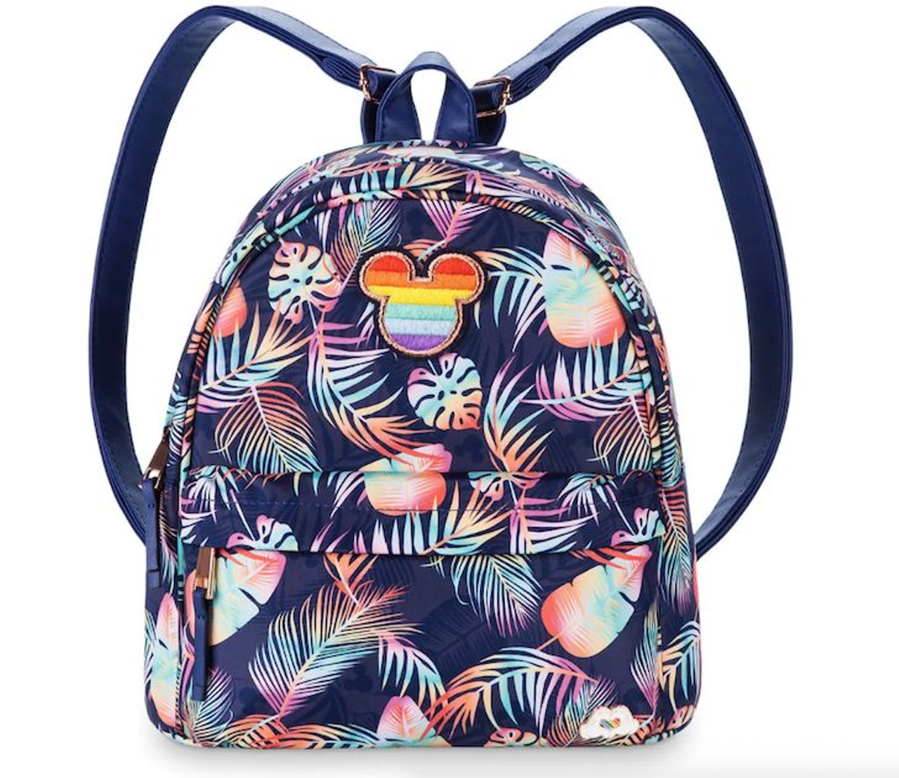 Mickey Mouse Backpack
A navy blue backpack with a tropical leaf rainbow pattern and rose emblems, with rainbow Mickey Mouse patch, $29.95.
Photo via shopDisney