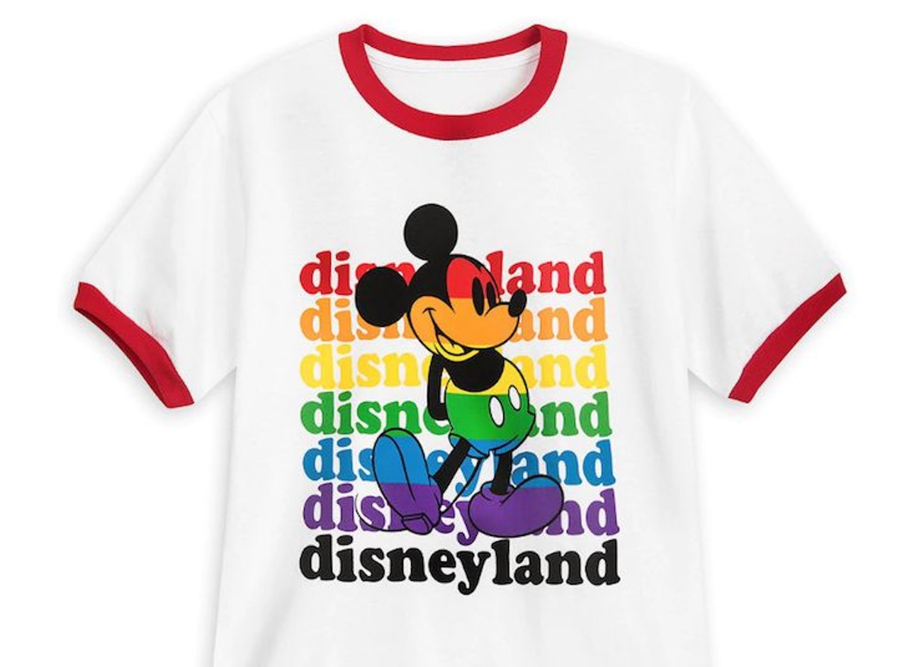 Mickey Mouse Ringer T-shirt
Mickey&#146;s bashful pose in multicolored rainbow design stands out on the white ribbed crew neck with red ringer trim, $24.99.
Photo via shopDisney