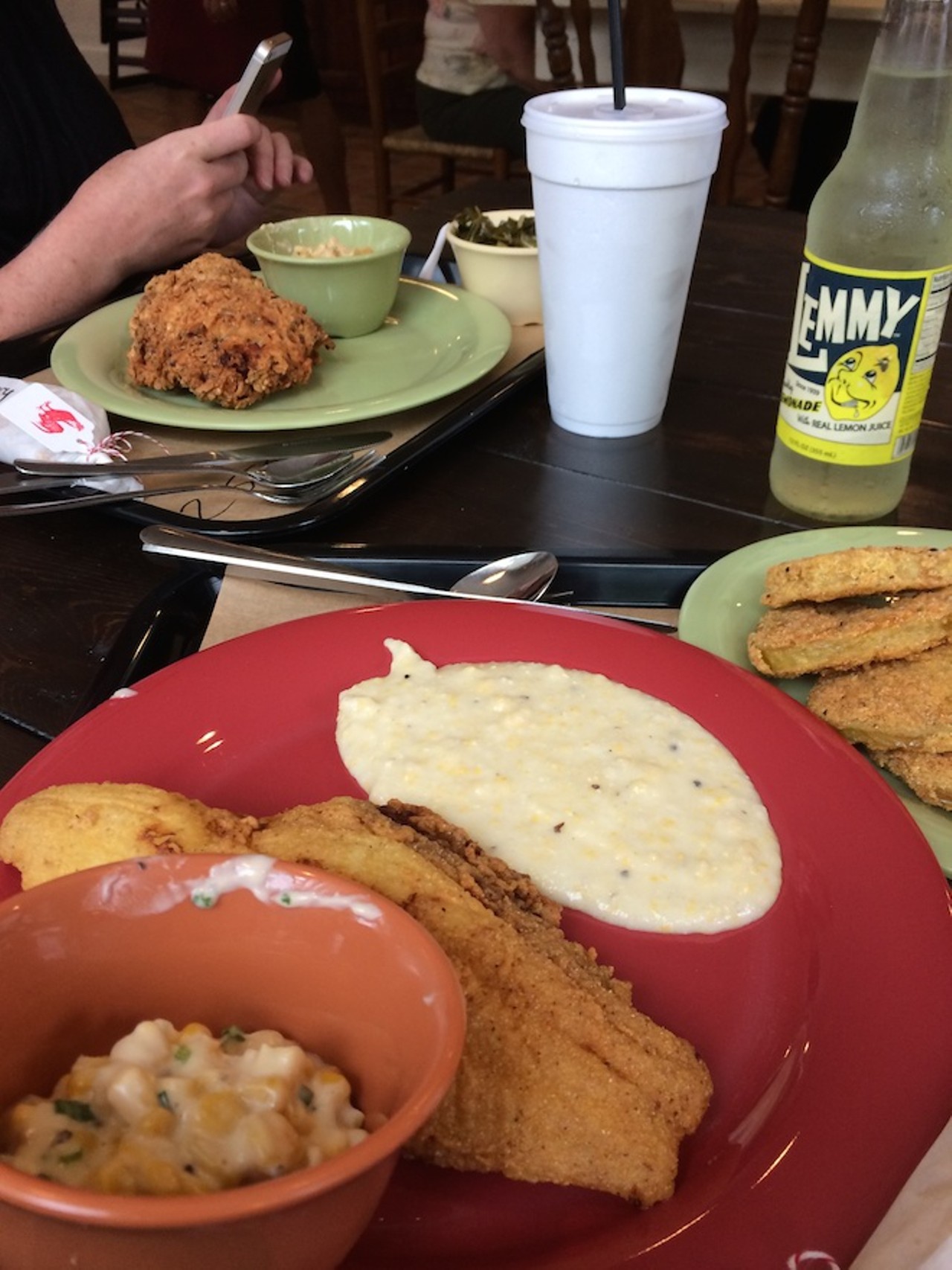 Catfish, grits and fried green tomatoes.