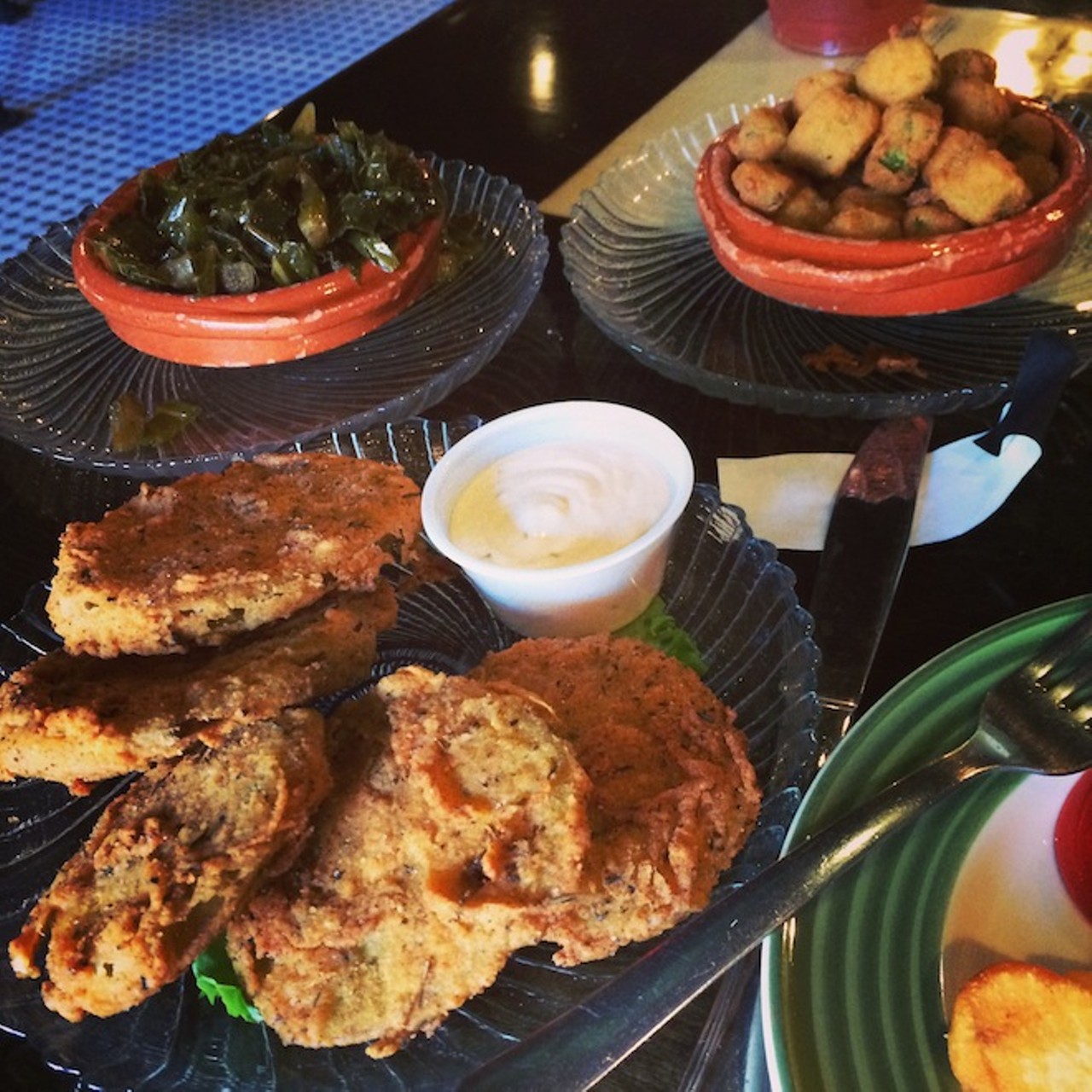 Fried green tomatoes, collard greens and fried okra at Shantell's in SanfordRelated: Shantell&#146;s Cafe serves comfort food deluxe