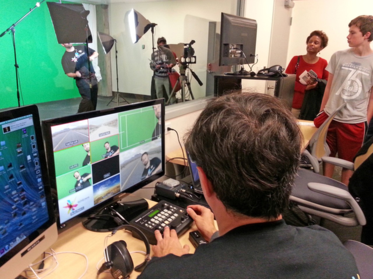 The video production room features a green screen with remote-controlled cameras to change your angle seamlessly.