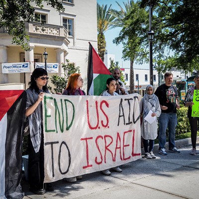 Locals gathered outside of the downtown Orlando USPS office on Tax Day, April 15, to uplift calls to action in support of Palestinians and against further U.S. military aid to Israel.