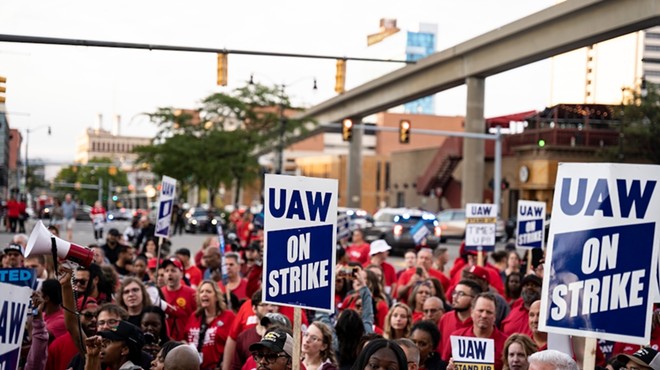 Rally and march in downtown Detroit organized by UAW members on strike (Sept.15, 2023).