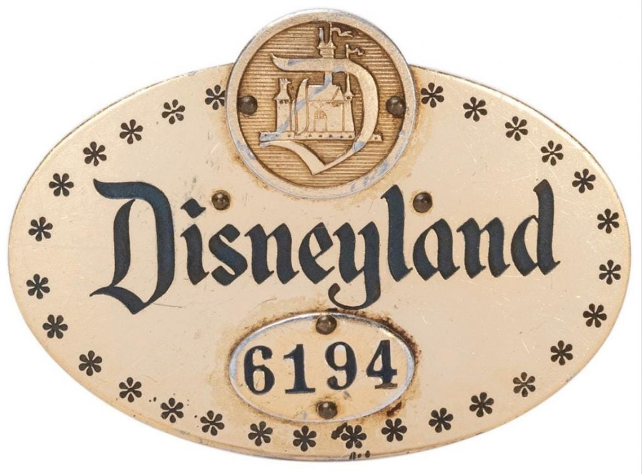 Early Disneyland cast member pin
Estimated Sale Price: $1,000-2,000 
This rarity measures 2 &frac12;&#148; long, dates from the 1950s, is numbered 6194, and has a unique oval design.