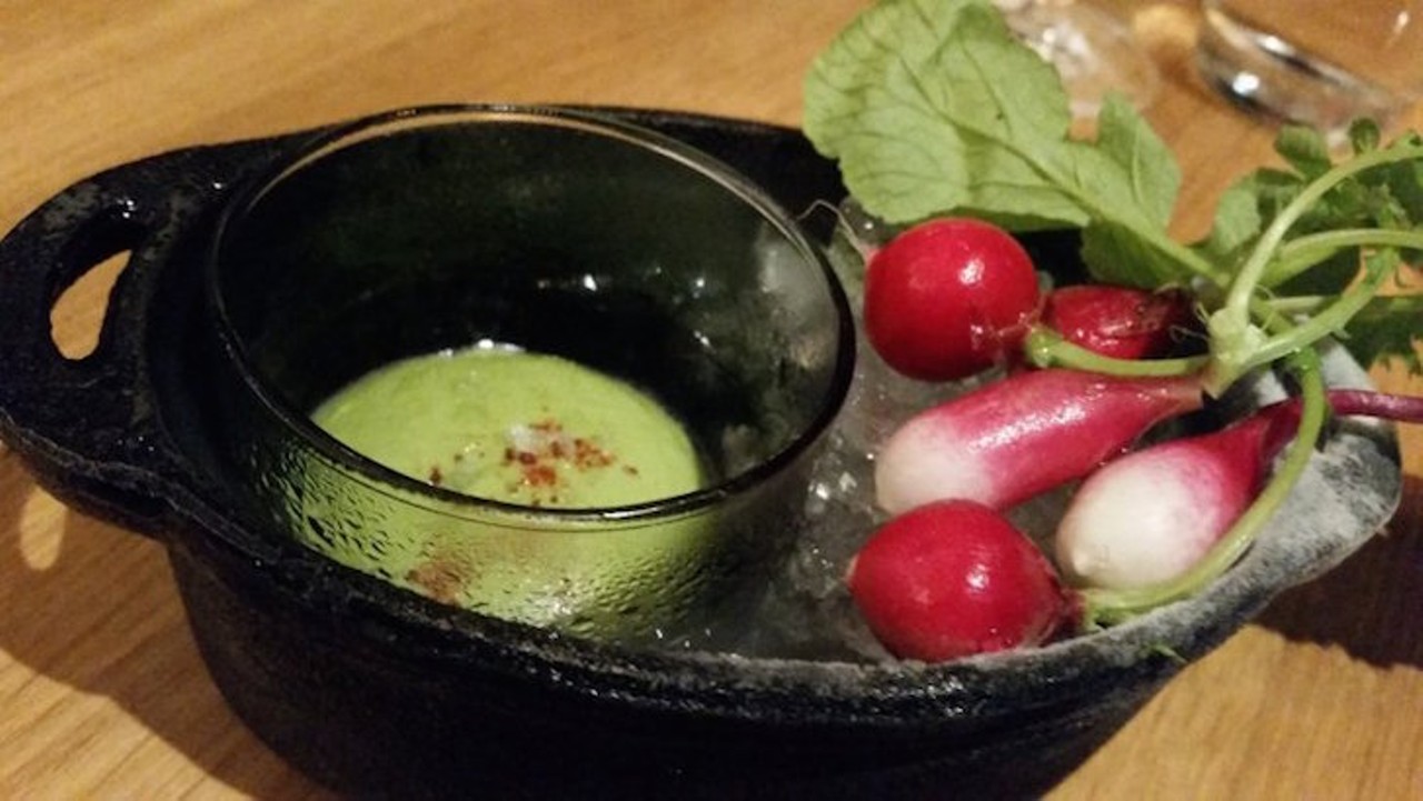 Radishes on crushed and dry ice, oyster puree dip