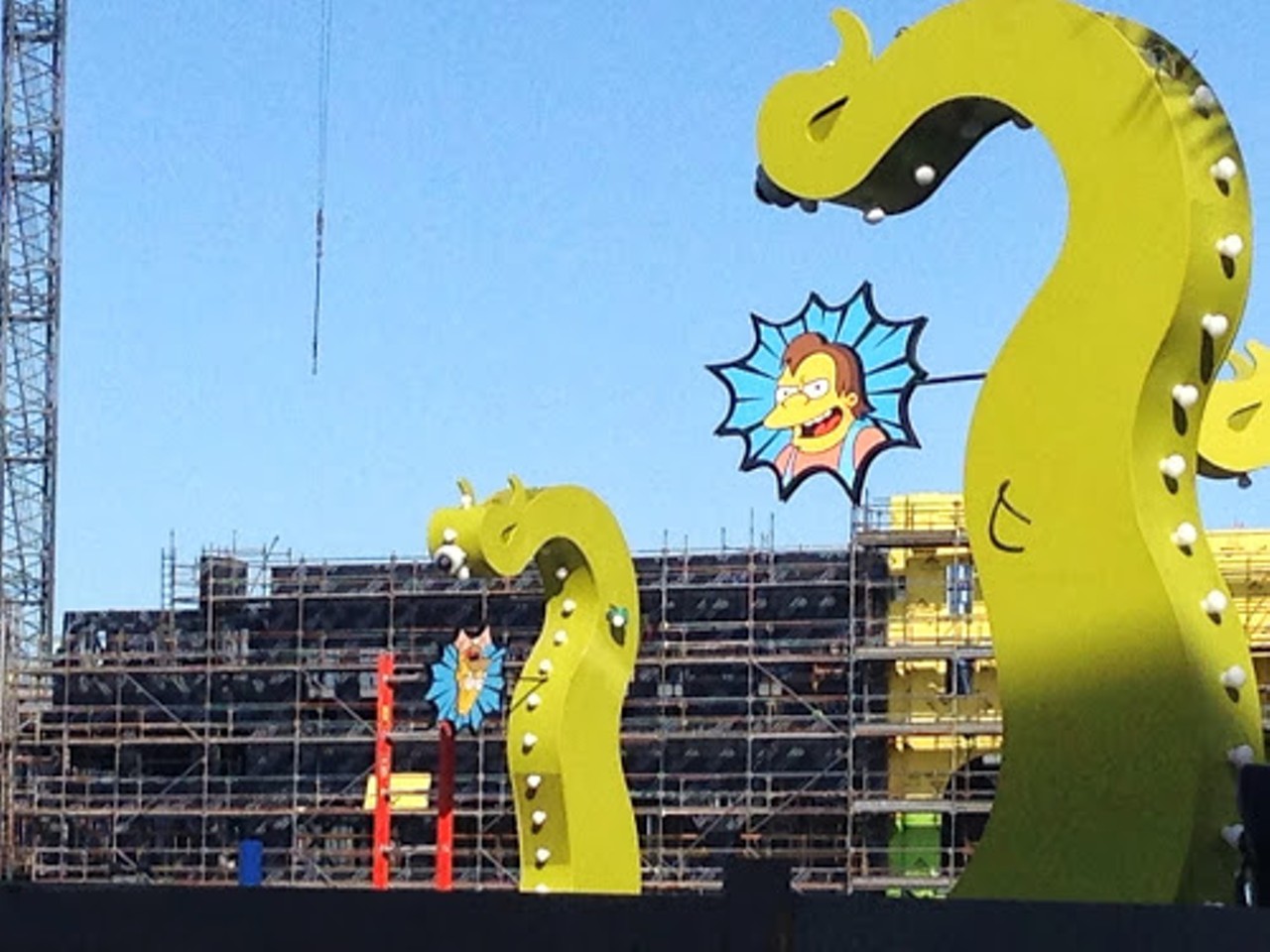 You can see spinning character targets for the soon-to-open Kang & Kodos' interactive features are being installed.