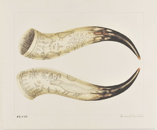 ANNIE B. JOHNSTON, "CARVED COW HORN" (WATERCOLOR, 1939)