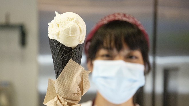 Sweet-cream ice cream on black ash vanilla chia cone, Greenery Creamery