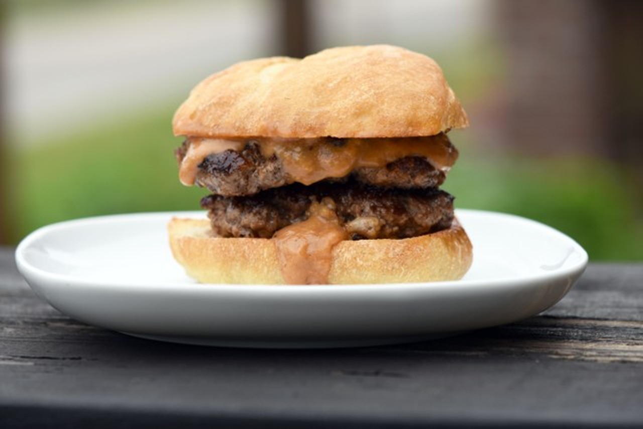 Orlando Meats: Love Me Tender Smash Burger - Grass-fed beef, banana ketchup, peanut butter aioli, french roll.