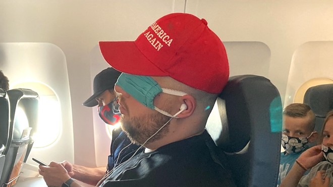 "From Cleveland to Nashville on Allegiant Airlines on Friday. Yes, this man used a surgical mask to cover his eyes. Yes, he wore the mask like this from departure to arrival."