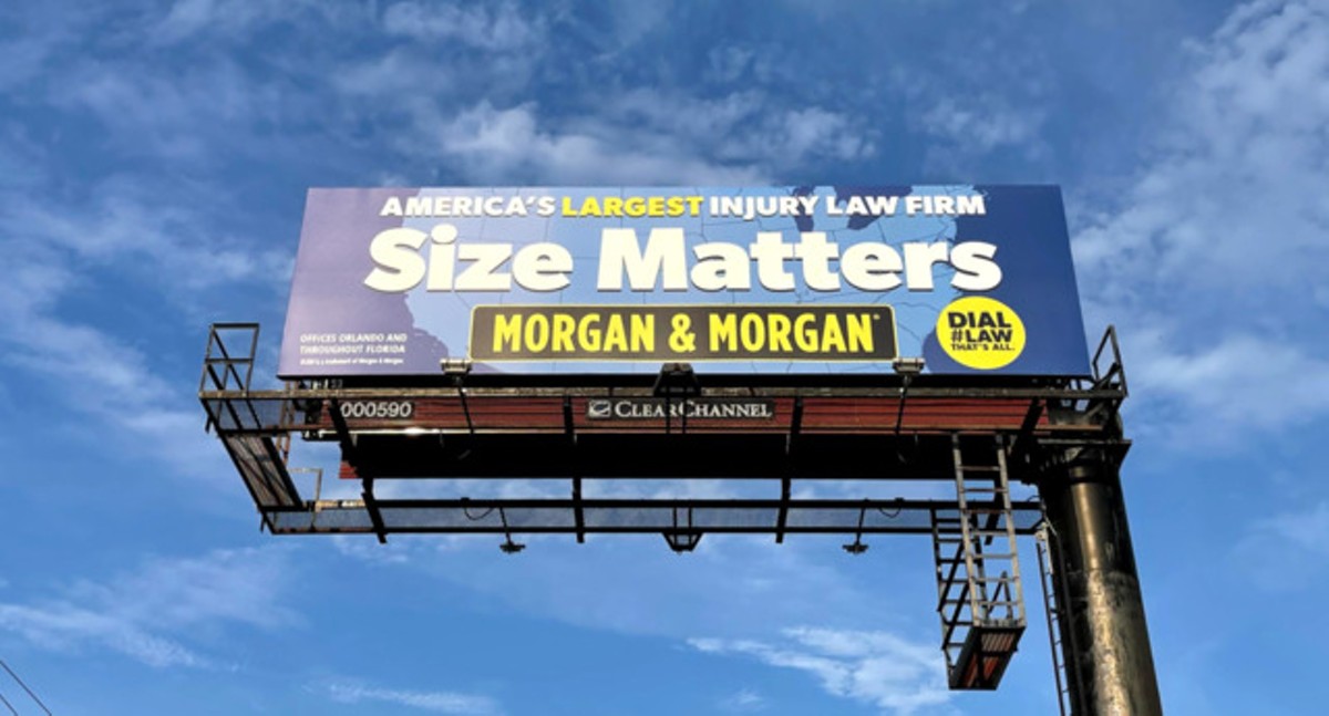 A 'Size Matters' Morgan & Morgan billboard pictured in Tampa, Florida, on May 26, 2021.