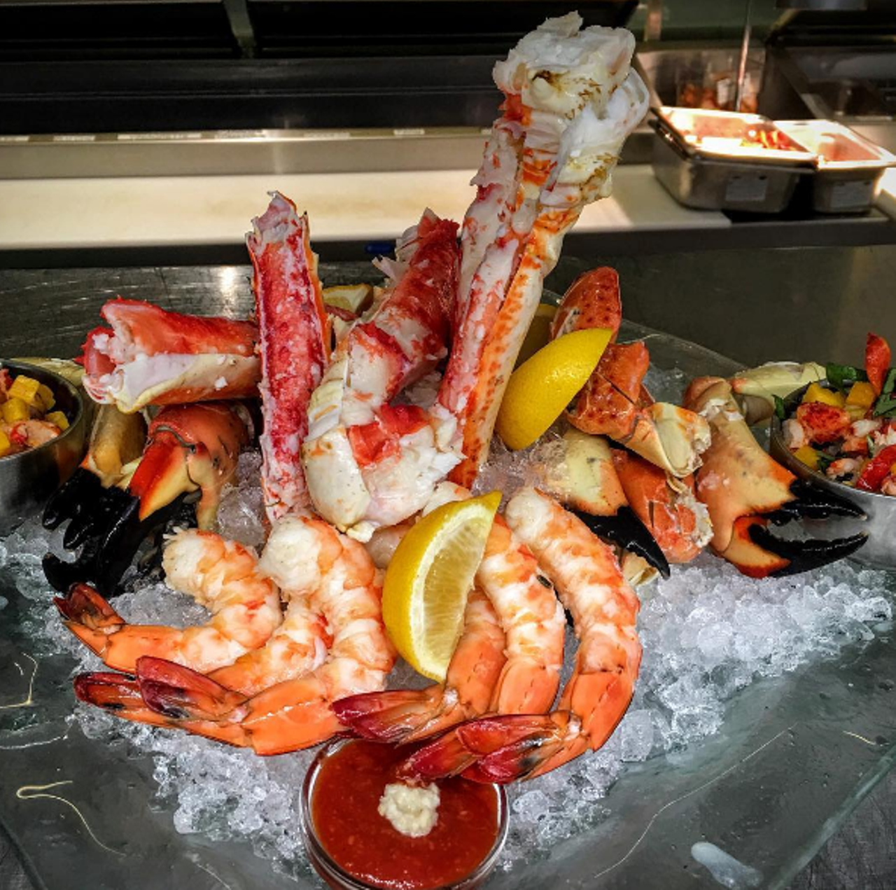 Seafood plateau at Del Frisco&#146;s Double Eagle Steakhouse 
9150 International Drive, 407-351-5074
Go big or go home with this towering mountain of raw and steamed seafood for either two or four guests. On deck: Alaskan king crab legs, jumbo shrimp and crab claws. Add lobster cocktail or jumbo lump crab for a little extra.
Photo via chefgregthompsonofficial/Instagram