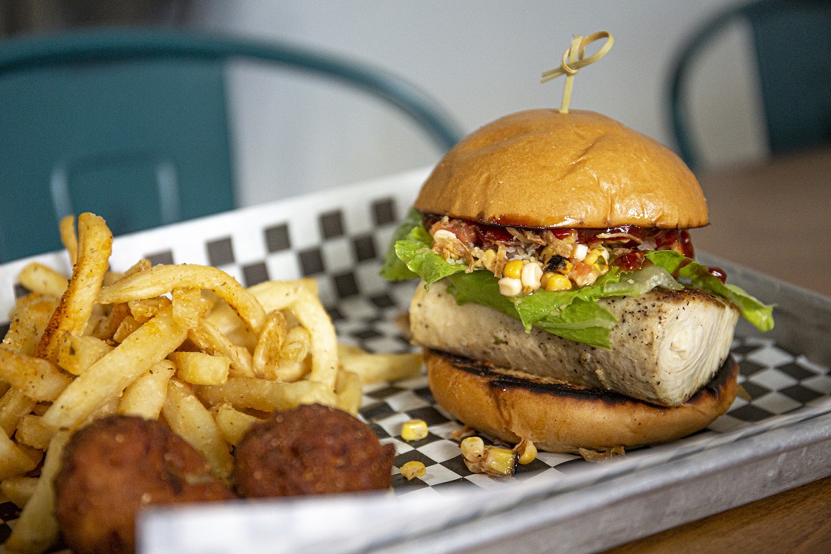 Caribbean mahi sandwich with roasted corn salsa and citrus barbecue sauce