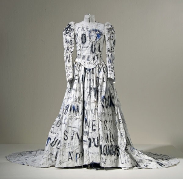 Making a statement: Lesley Dill’s ‘Dada Wedding Dress’ is stamped with the words of Emily Dickinson’s poem, ‘The Soul Has Bandaged Moments’