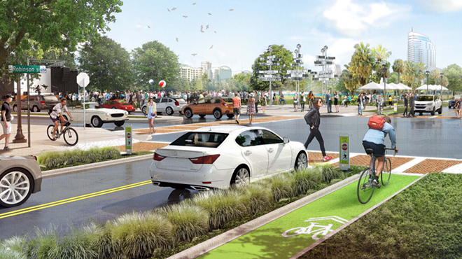 Some proposals for Future Orlando include bicycles with their own green pathways on which to ride, divided from both traffic and pedestrians.