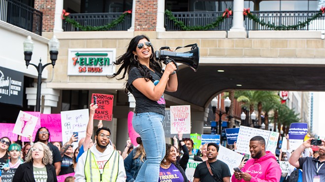 State Rep. Anna Eskamani speaking at an abortion rights march in Orlando in January 2023.