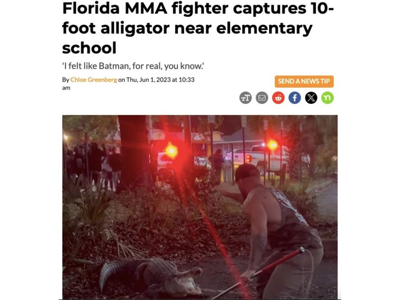 Nearly 200 people cheered and shrieked as one Florida man wrangled and captured a 10-foot alligator outside an elementary school in Jacksonville. MMA fighter and veteran Mike Dragich is seen in a video posted in May to his Instagram account (bluecollar-brawler) struggling with the large animal in a crowd-filled parking lot.
"We get there. I walked through the gate. And boom. There it was just ready to go right there in the parking lot, and we just had to get the job done," he said. Read full article