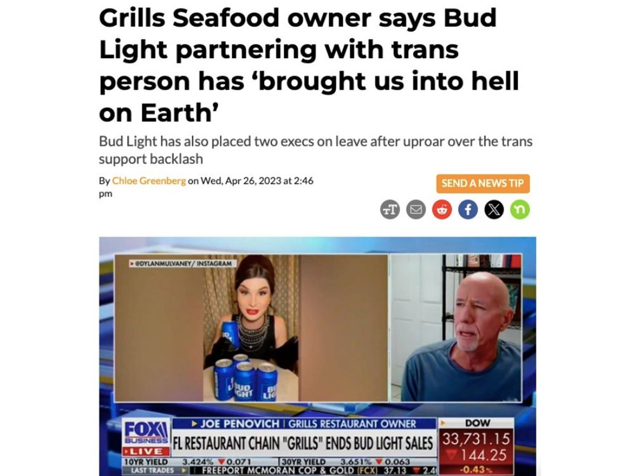 After he pulled Bud Light from all his restaurant's three locations, Grills Seafood Deck and Tiki Bar owner told Fox News the brand's partnership with a trans influencer has caused "hell on Earth." Joe Penovich confirmed the Orlando, Port Canaveral and Melbourne restaurants will no longer serve Bud Light after parent company Anheuser-Busch worked with Dylan Mulvaney, trans activist and TikTok influencer. Read full article