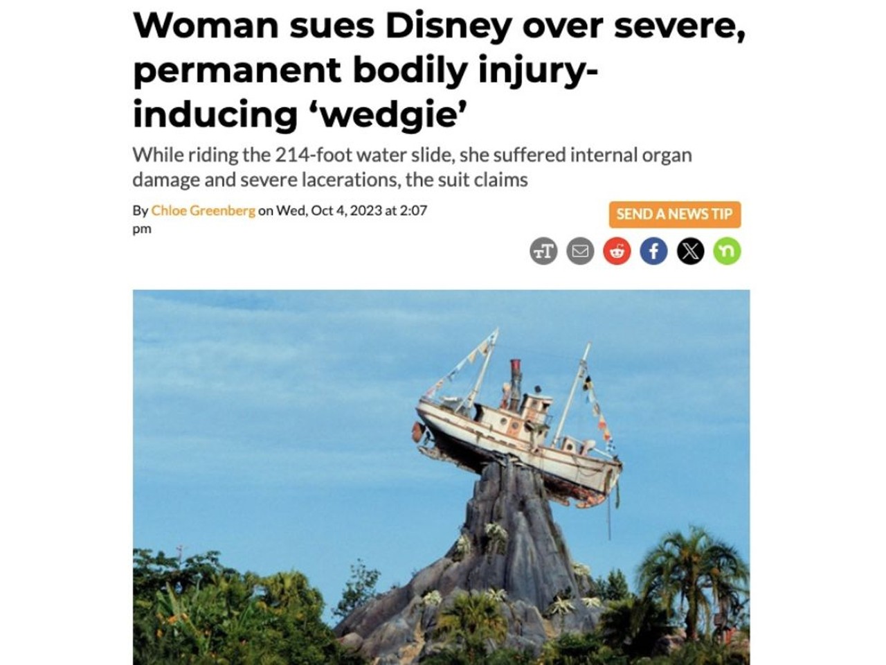 Emma McGuinness visited Disney World in October 2019 with her family to celebrate her 30th birthday. But after riding the 214-foot Humunga Kowabunga water slide, she suffered an "injurious wedgie," according to a lawsuit filed by McGuinness and her husband, Edward McGuinness, in Orange County in September. Read full article