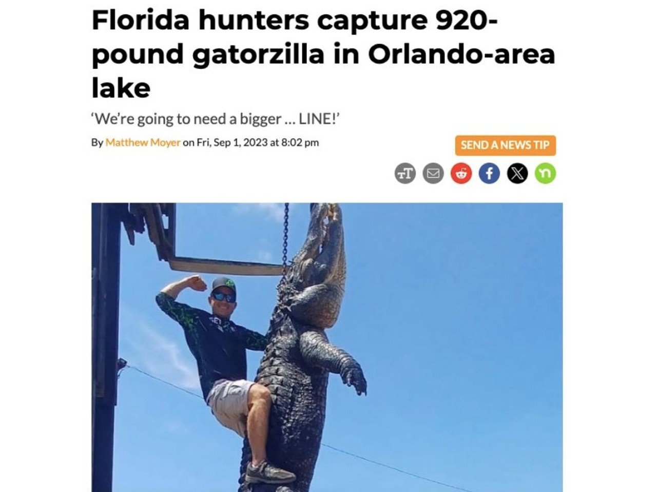 Hunters caught a 920-pound gator in an Orlando-area lake. Apparently it had the makings of Moby Dick, but Central Florida-style. Read full article
