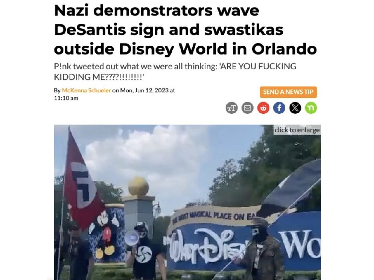 Video footage and photos shared online this summer showed Nazi demonstrators waving large swastika flags outside of Orlando’s Walt Disney World on Saturday, along with a "Ron DeSantis 2024" flag. Read full article