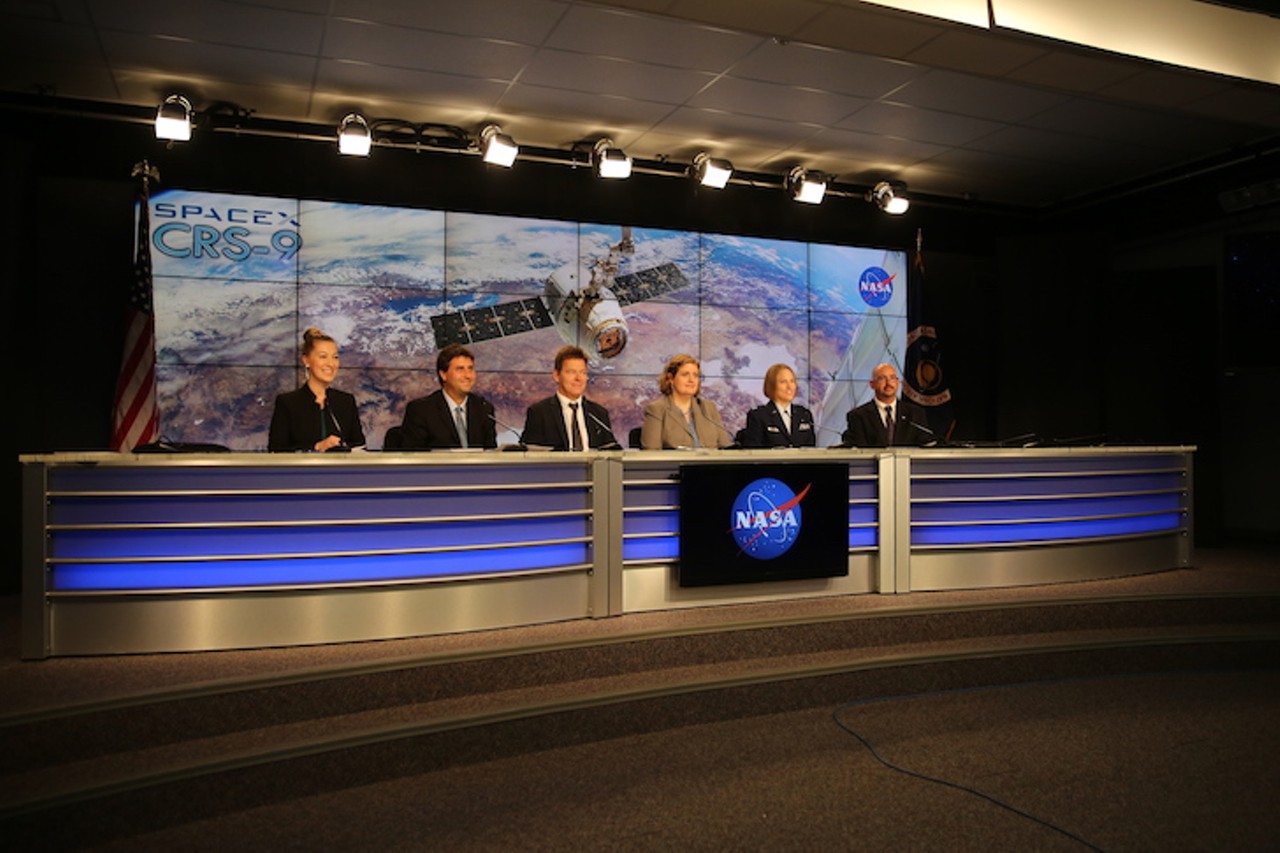 Middle four, from left to right: Joel Montalbano, ISS deputy program manager for Utilization, NASA&#146;s Johnson Space Center; Hans Koenigsmann, vice president of Flight Reliability, SpaceX; Julie Robinson, chief ISS program scientist, NASA&#146;s Johnson Space Center; Capt. Laura Godoy, launch weather officer, 45th Weather Squadron