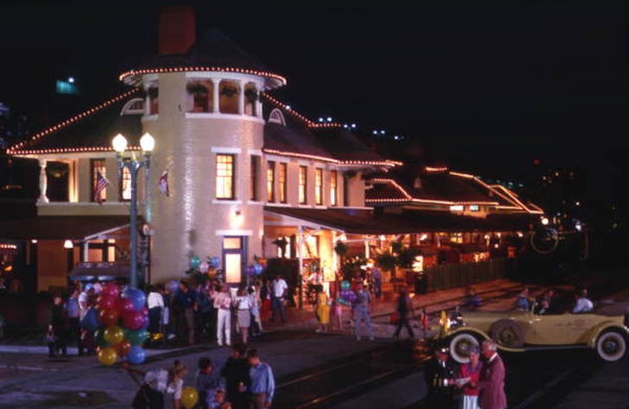 Nighttime view of the Church Street Station in Orlando, likely after 1972.