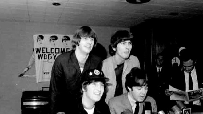 Beatles press conference at Minnesota's Metropolitan Stadium in 1965 (image used in "The Beatles – Eight Days a Week")