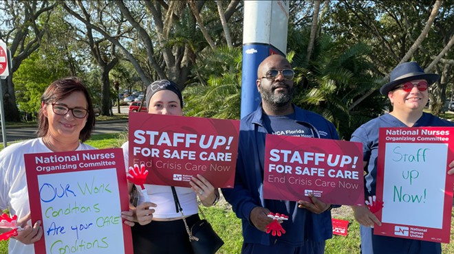 Nurses rally outside of HCA Florida Lake Monroe Hospital in Sanford, calling for industry-wide safe staffing standards.
